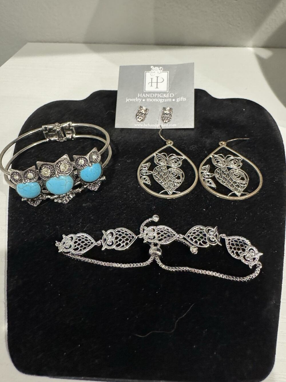 Stunning Set Of Owl Jewelry 2 Pairs Earrings & 2 Bracelets Vintage Unique